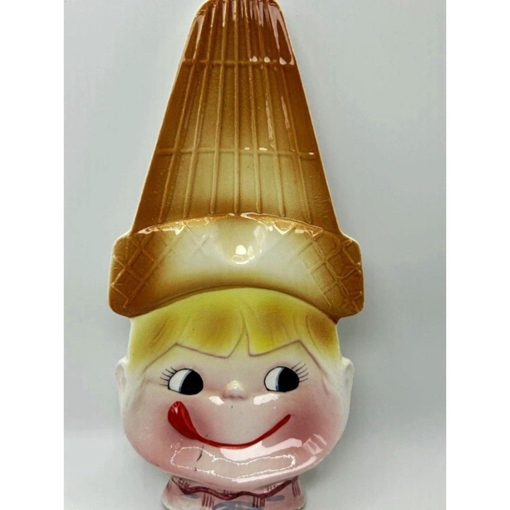 Novelty Ice Cream Cone Head Ceramic Planter in Brown and Cream